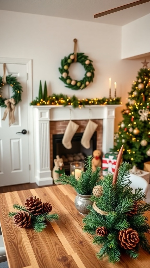 A cozy Christmas living room with DIY decorations including a wreath, garland, and festive table centerpieces.